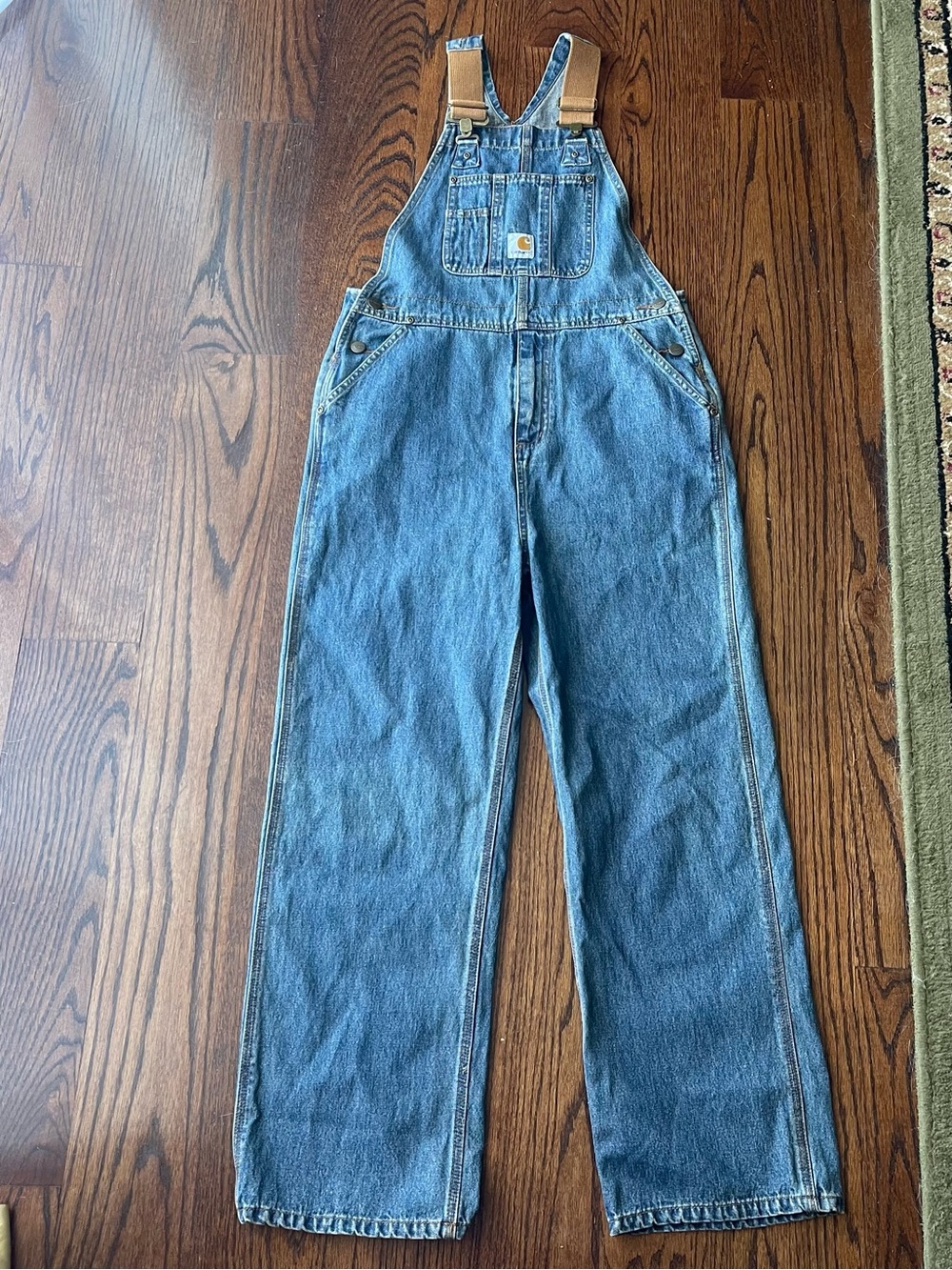 Carhartt Blue Denim Overalls with Tan Straps-Youth Size 12